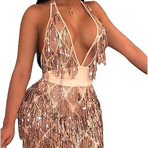 L'VOW Women's Glitter Sexy Deep V Neck Sequin Beaded Halter Bodycon Mini Nightcl
